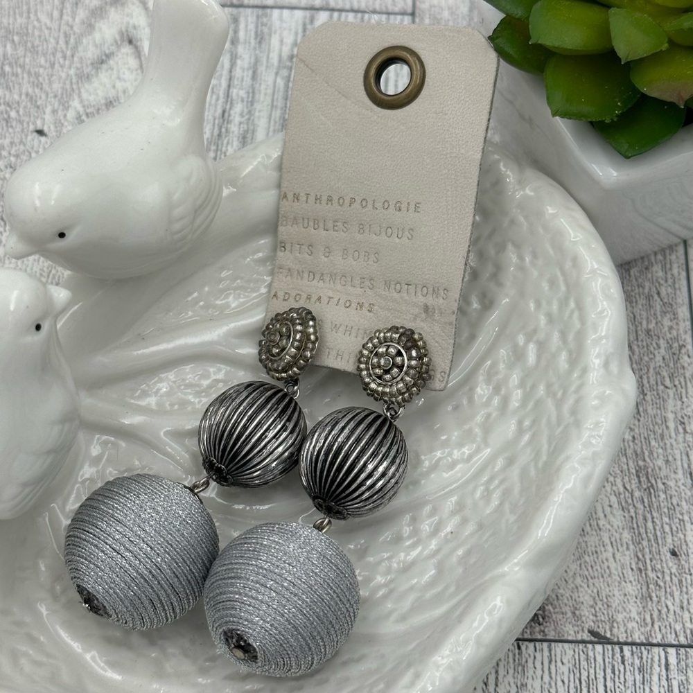 Anthropologie Grey Silver Chunky Bead Post Drop Statement Earrings